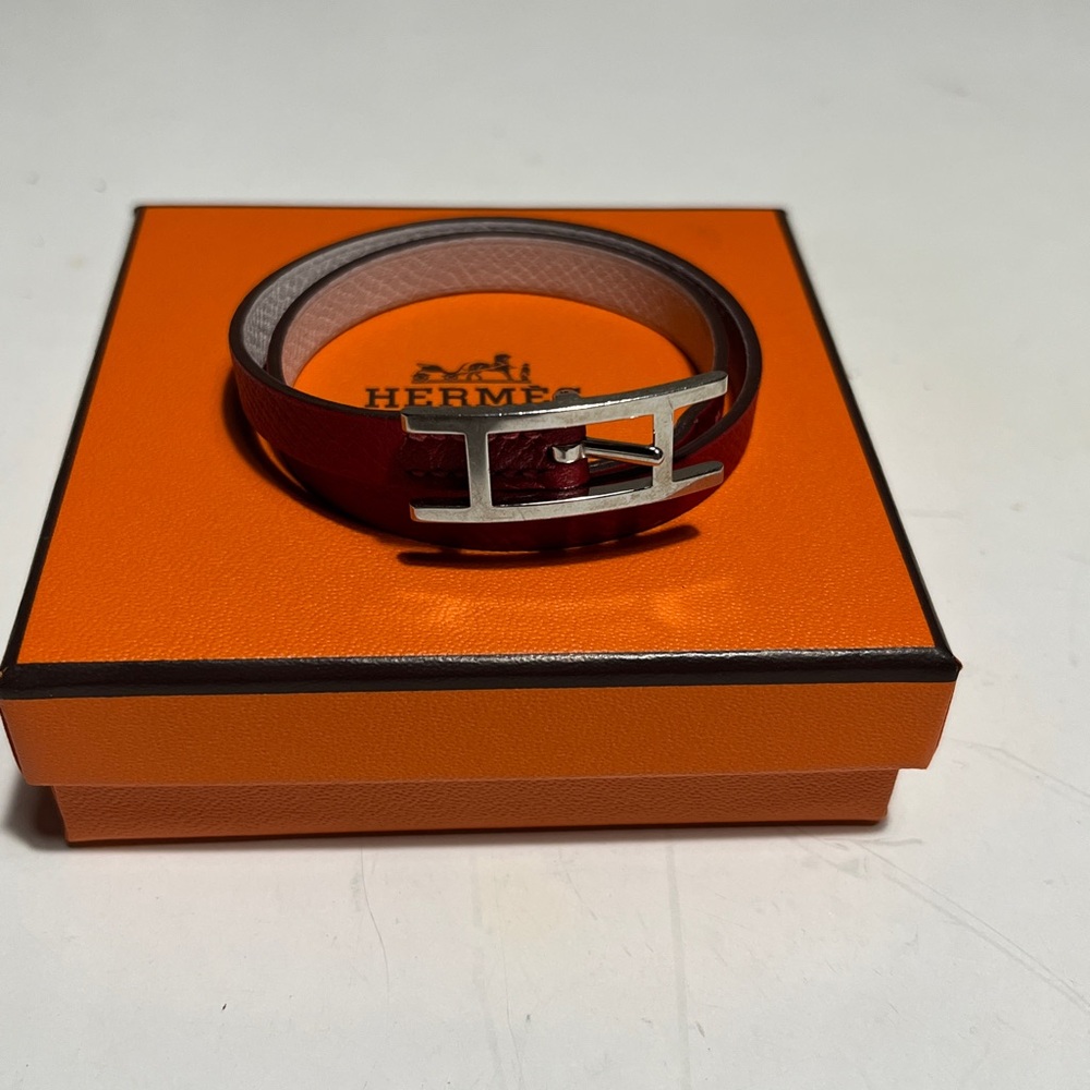 Hermes Burgundy Leather Belt with Silver Buckle